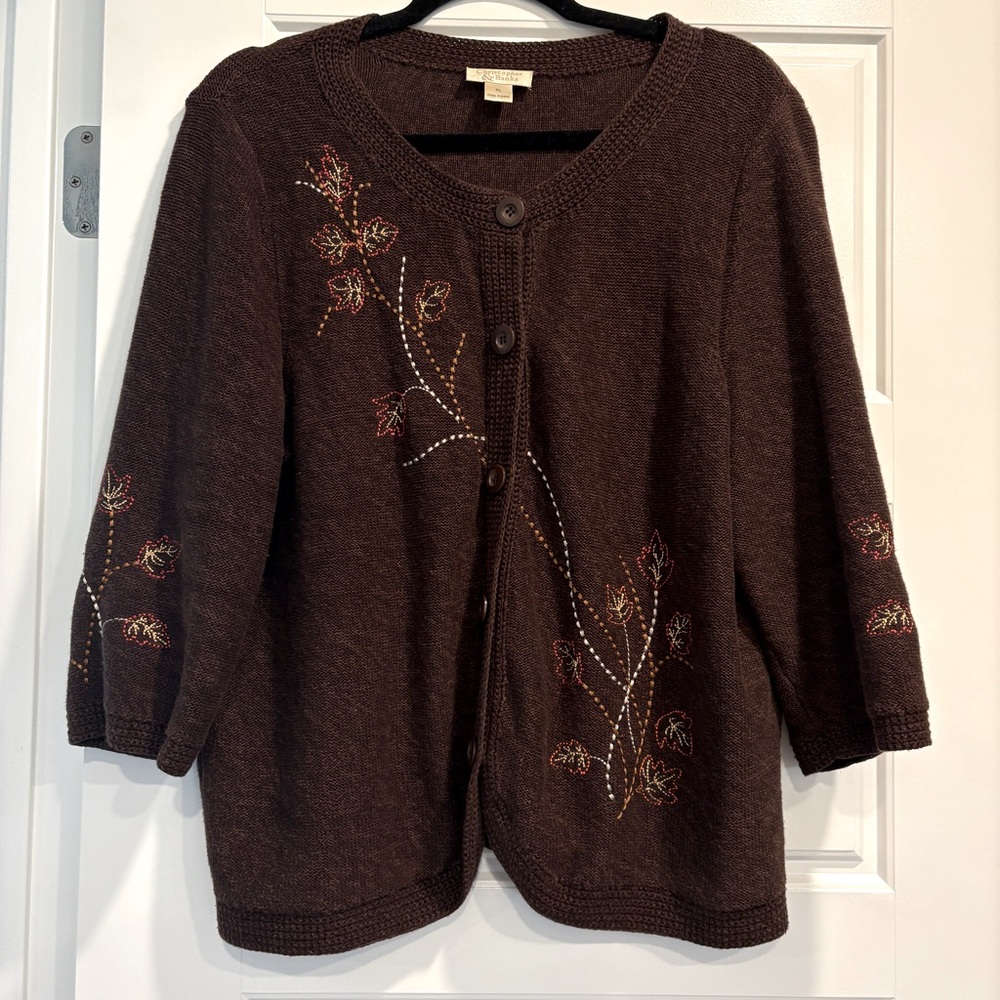 Christopher & Banks Leaf Embroidered Cardigan Sweater Women XL Cottagecore Fairy